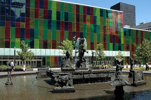 Le Palais des Congres in Montreal: convention center, fountain and public square